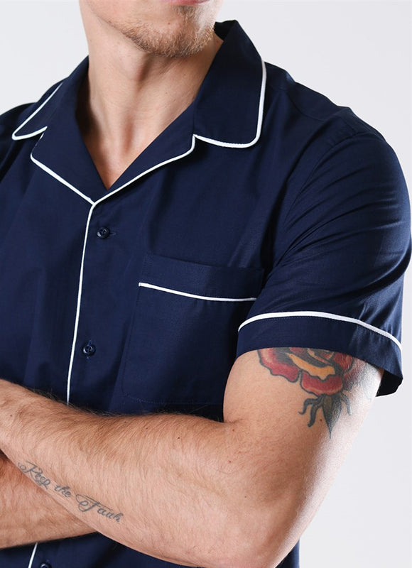 Navy Cuban Collar Shirt
