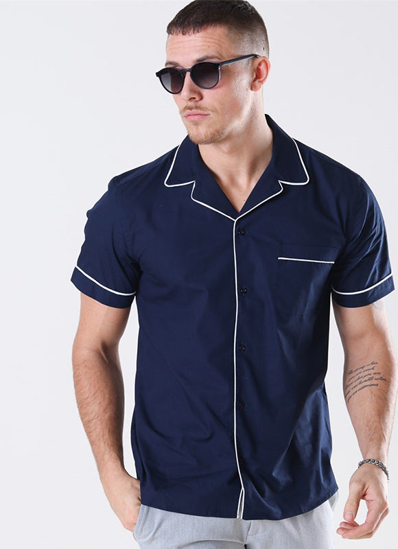Navy Cuban Collar Shirt